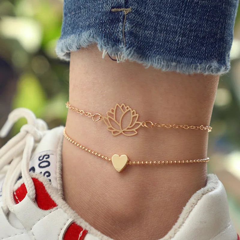 🌸 Lotus Love Duo – Fußkette mit Herz & Blüte ✨💕