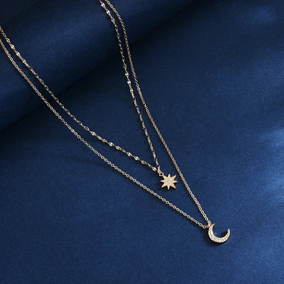 🌙 Celestial Glow – Zweilagige Mond & Stern Halskette