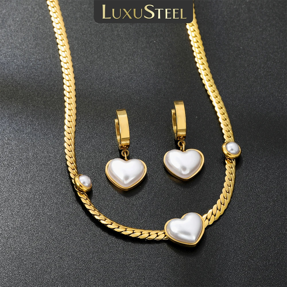 💛 Heart & Shine Set – Vergoldete Kette & Ohrringe mit Perlen-Love-Vibes 💫