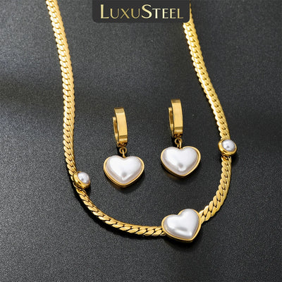 💛 Heart & Shine Set – Vergoldete Kette & Ohrringe mit Perlen-Love-Vibes 💫