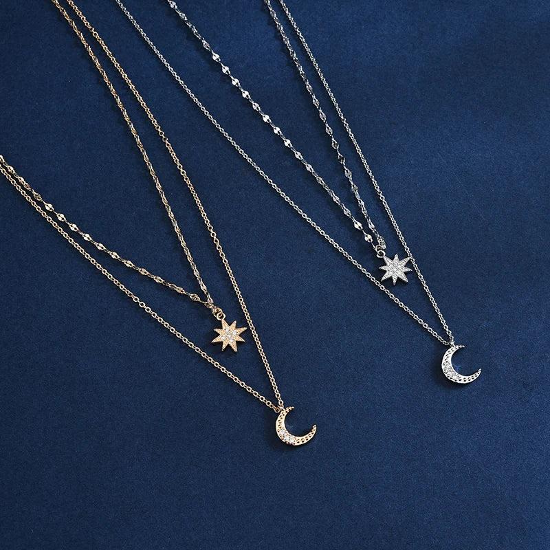 🌙 Celestial Glow – Zweilagige Mond & Stern Halskette
