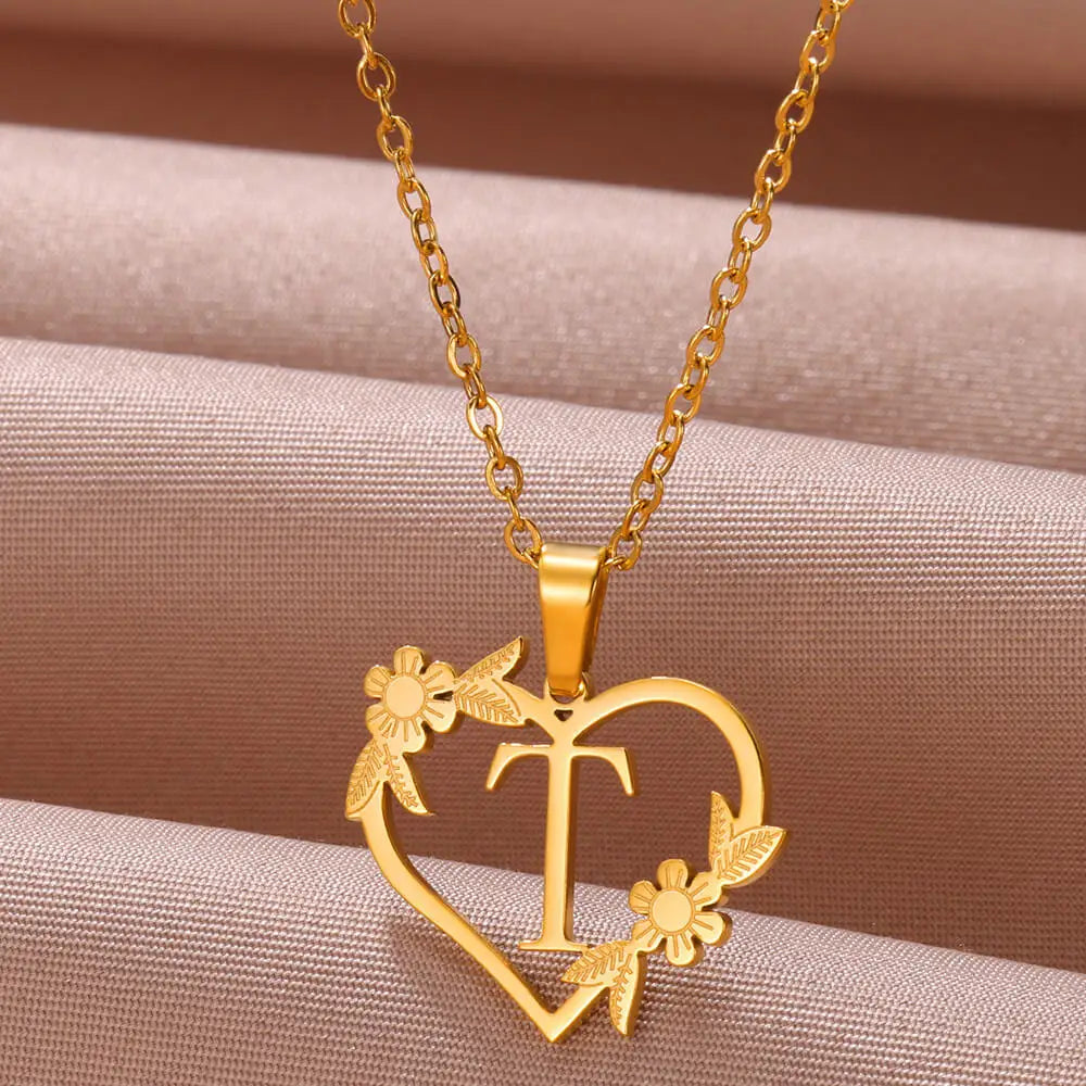 Personalisierte Herz-Kette mit Blumen & Initialen